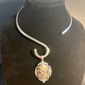 Hammered silver tone S necklace for hanging pendants. Mother of pearl pendant.